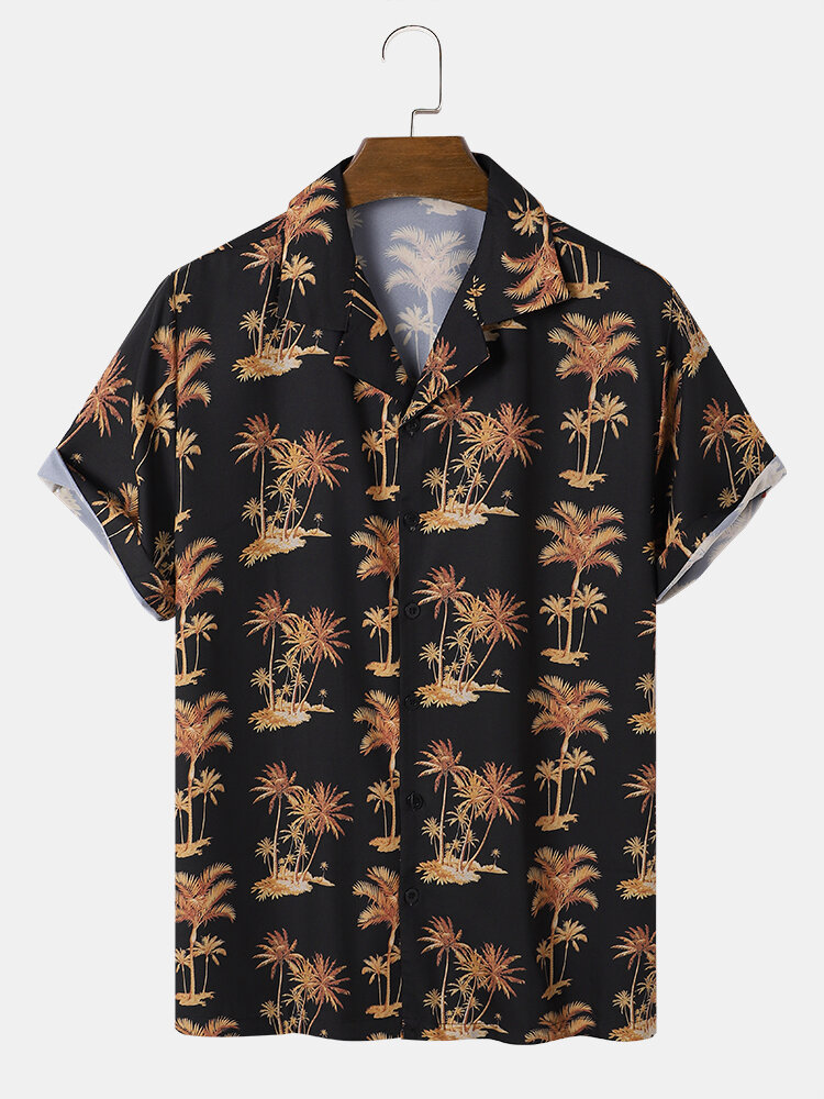 

Mens Coconut Tree Print Revere Collar Holiday Short Sleeve Shirts