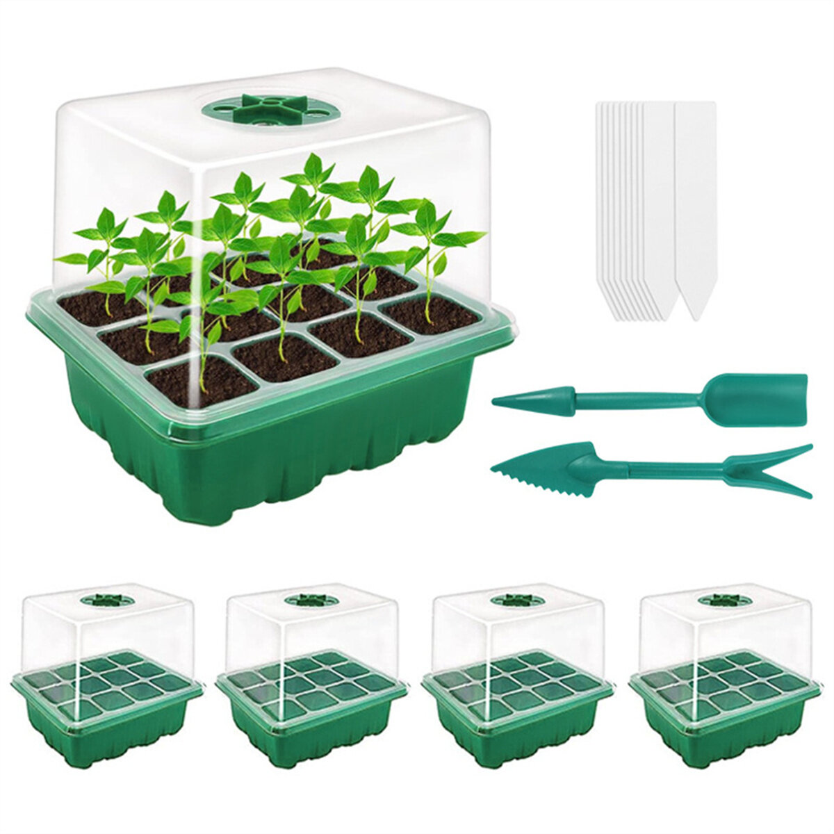 

5 Pack 12 Cells PVC Seed Starter Tray Kit Indoor Gardening Adjustable Humidity Control Seedling Germination Planter Heig