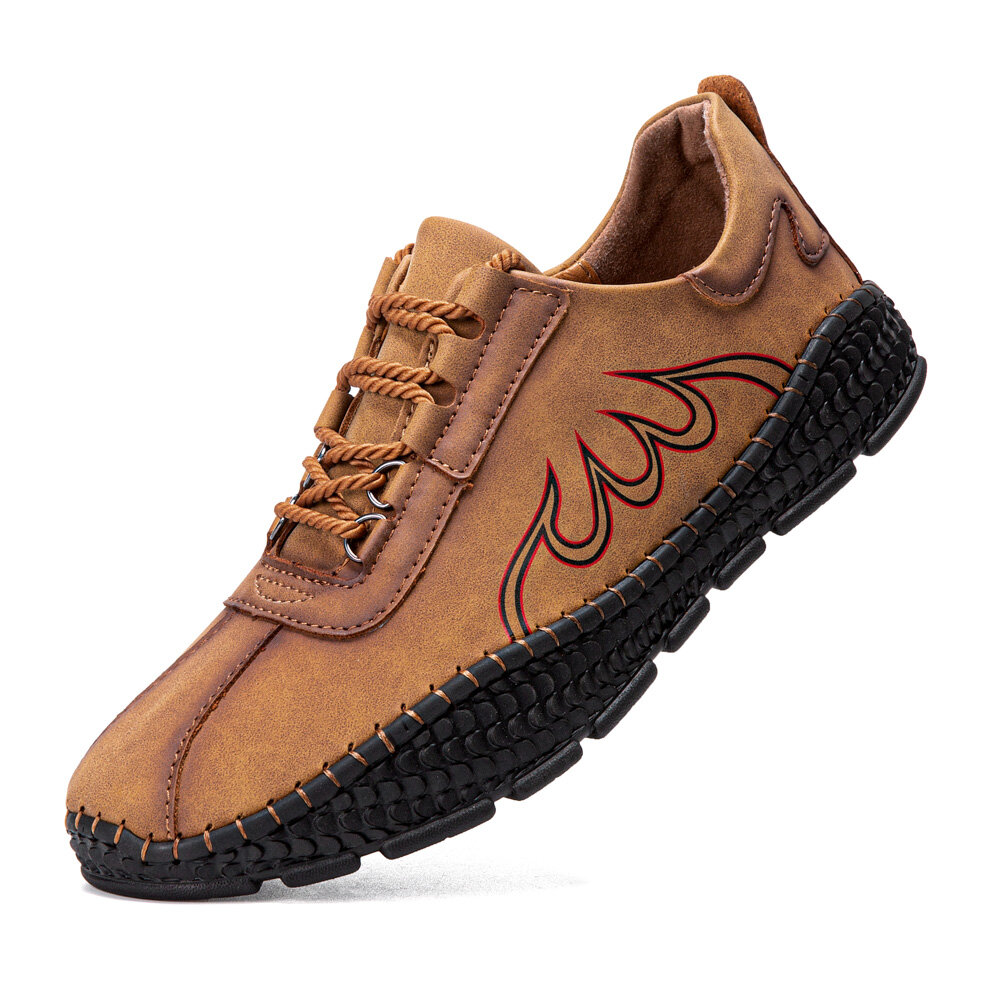 Men Microfiber Breathable Hand Stitching Crocodile Grain Soft Sole Flame Pattern Lace Up Casual Shoe