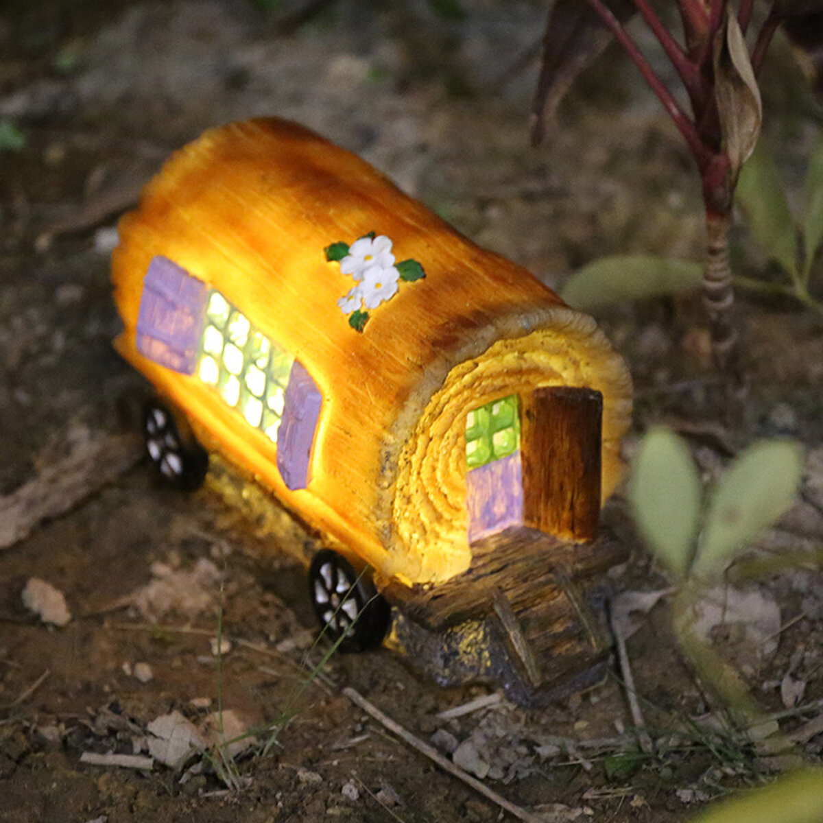 

Солнечный LED Декор Свет Маленький Сказочный Домик Pixie Log On Wheels На открытом воздухе Орнамент Дом для На открытом