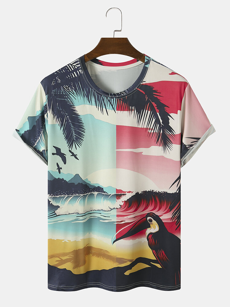 Men Parrot & Palm Tree Landscape Pattern All Matched Skin Friendly T-Shirts