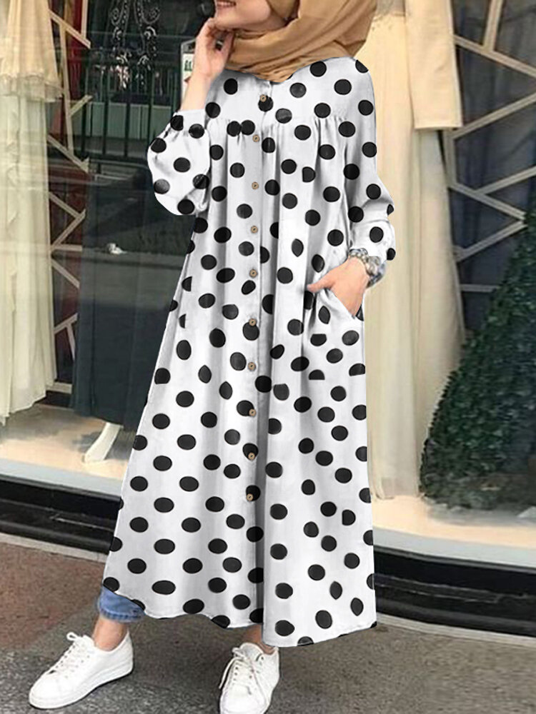 

Women Polka Dots Printed Side Pockets Button Down Front Loose Robe Maxi Dress