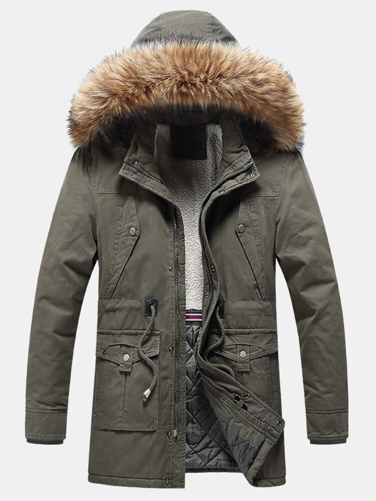 Men's Warm Solid Color Windproof Multi Pocket Detachable Faux Fur Collar Hooded Coat