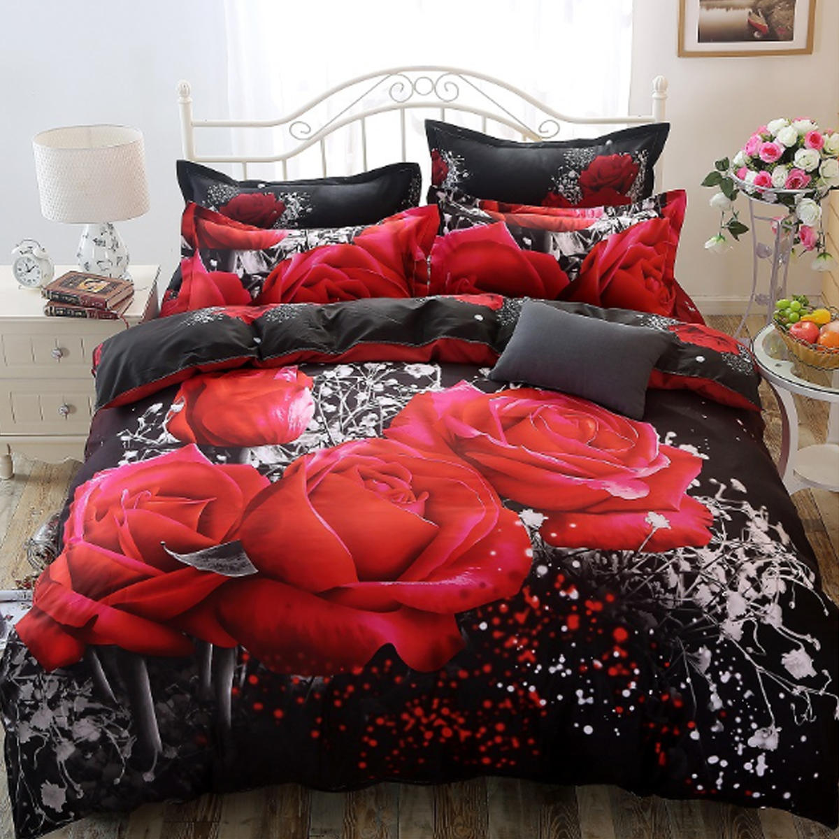 

3D печатные комплекты постельного белья постельное белье красная роза простыня с 2 наволочки