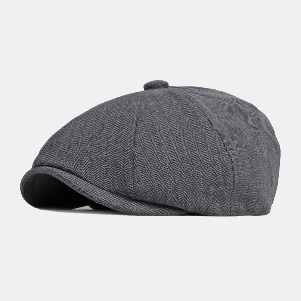 

Men Newsboy Cap Cotton Solid Herringbone Stripes Elastic Breathable Casual Forward Hat Painter Hat Beret Flat Cap