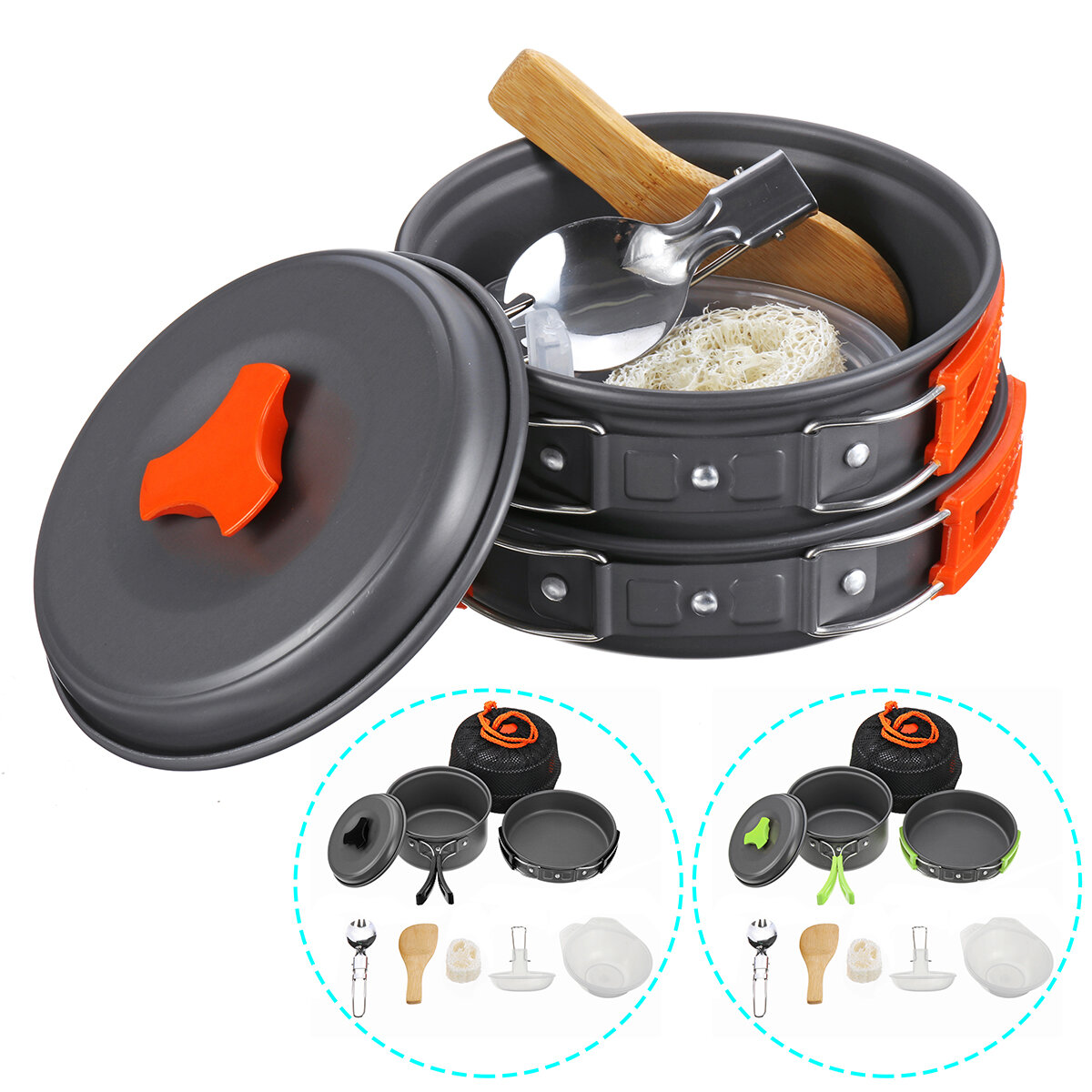 8 PCS Picnic BBQ Cooking Set 1-2 People Non-stick Pots Pans Bowls Outdoor Camping Cookware Kit