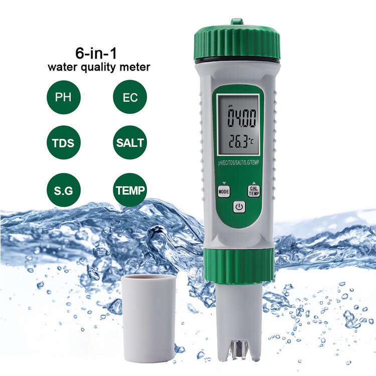 6-in-1 PH Water Quality Detection EC TDS PH SALT S.G TEMP Multi-function Water Source Measurement Pen