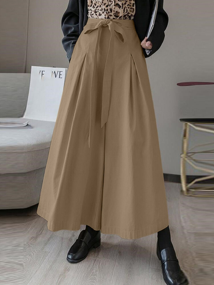 Dames effen kleur Tie Front Casual wijde pijpen broek met zak