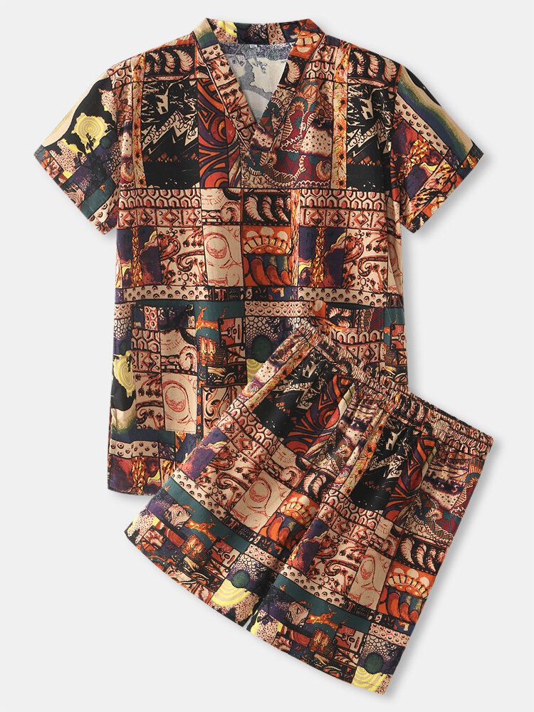 Heren pyjamas met abstracte print, v-hals en korte mouwen, sauna-zweetpak
