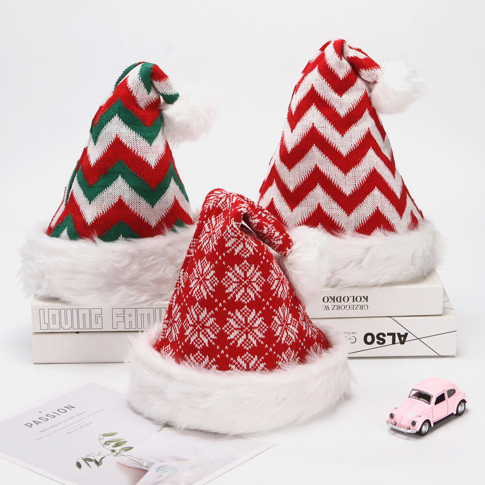 Unisex Knitted Plush Christmas Santa Claus Hat Snowflake Stripe Pattern Warm Festive Knitted Hat Chr