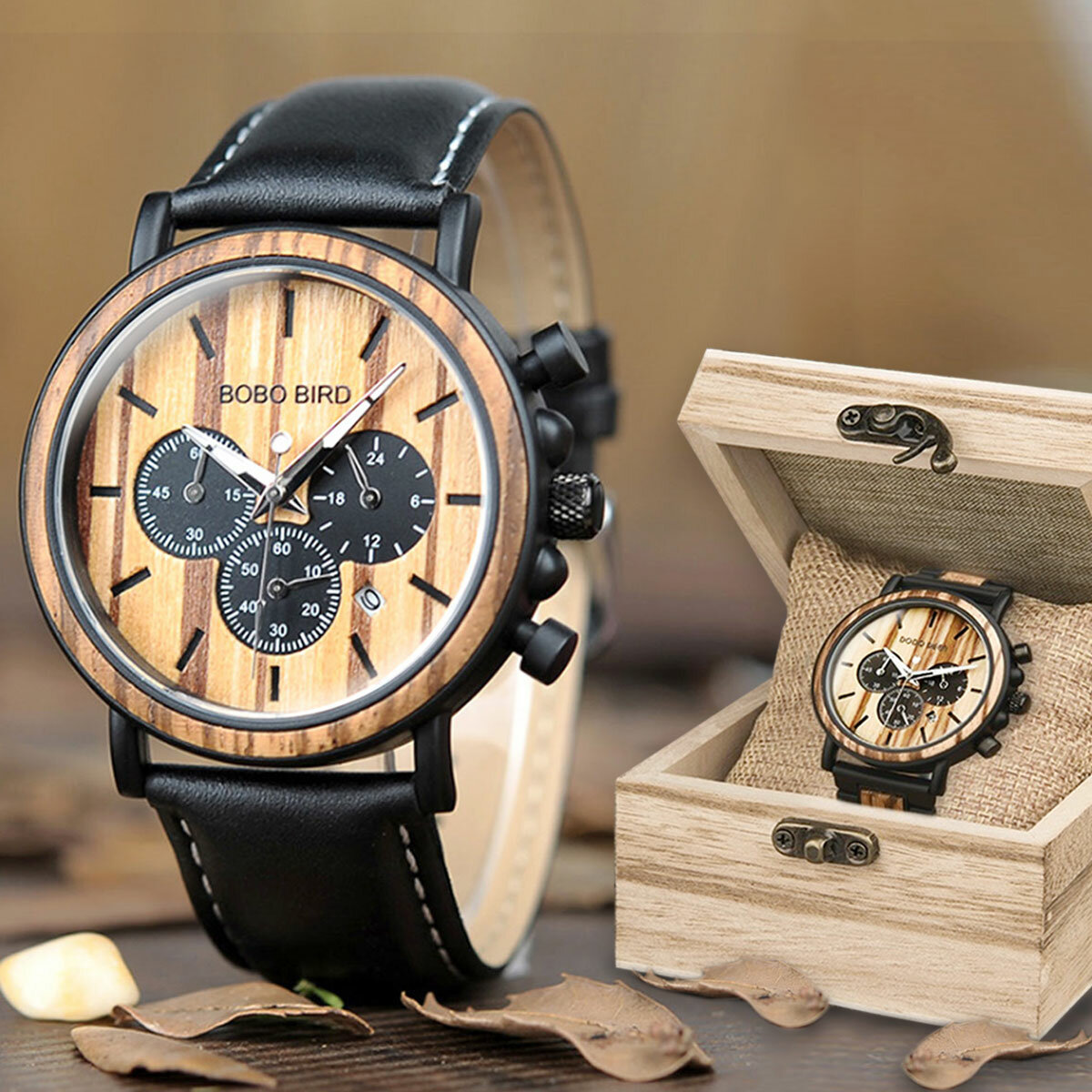 BOBO BIRD P09 Heren Casual houten datumweergave Polshorloges Quartz horloge met doos