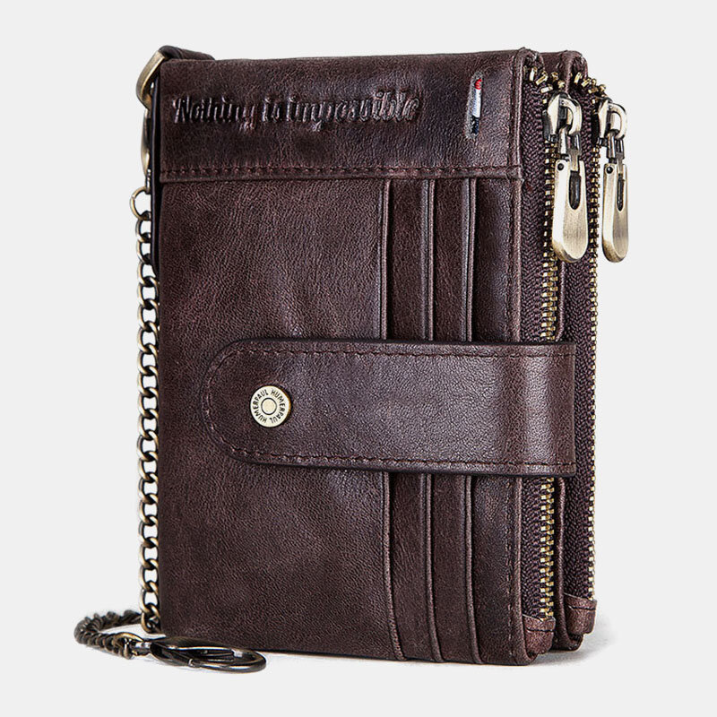 

Men Genuine Leather Chain Wallet RFID Double ZIpper Anti-theft Multi-card Slot Card Holder Wallet
