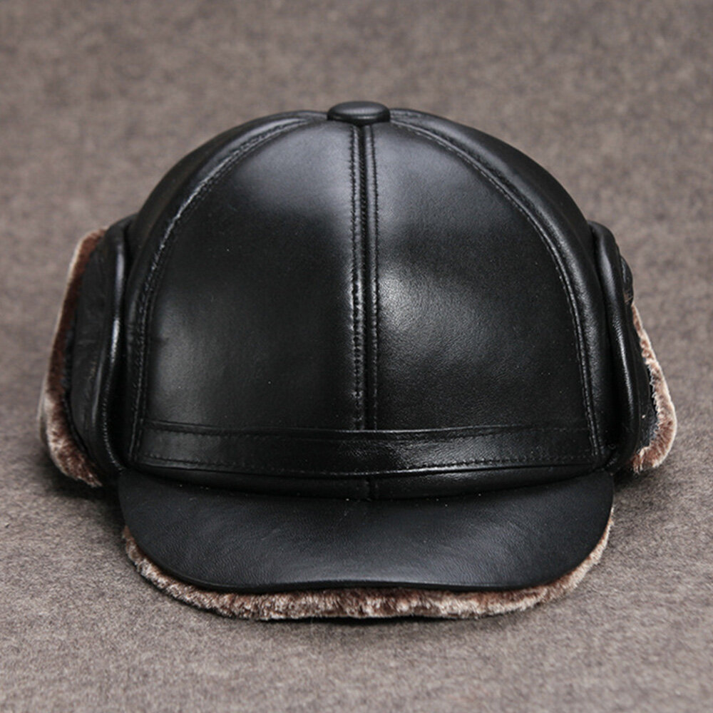 

Men Sheepskin Thicken Winter Warmth Baseball Cap Built-in Ear Protection Earmuffs Design Middle-aged Elderly Leather Hat