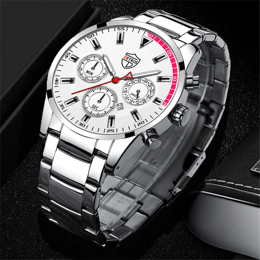 Jassy 7 Colors Stainless Steel Business FashionThree Eyes Decor Large Dial Calendar Luminous Steel Band Quartz Watch
