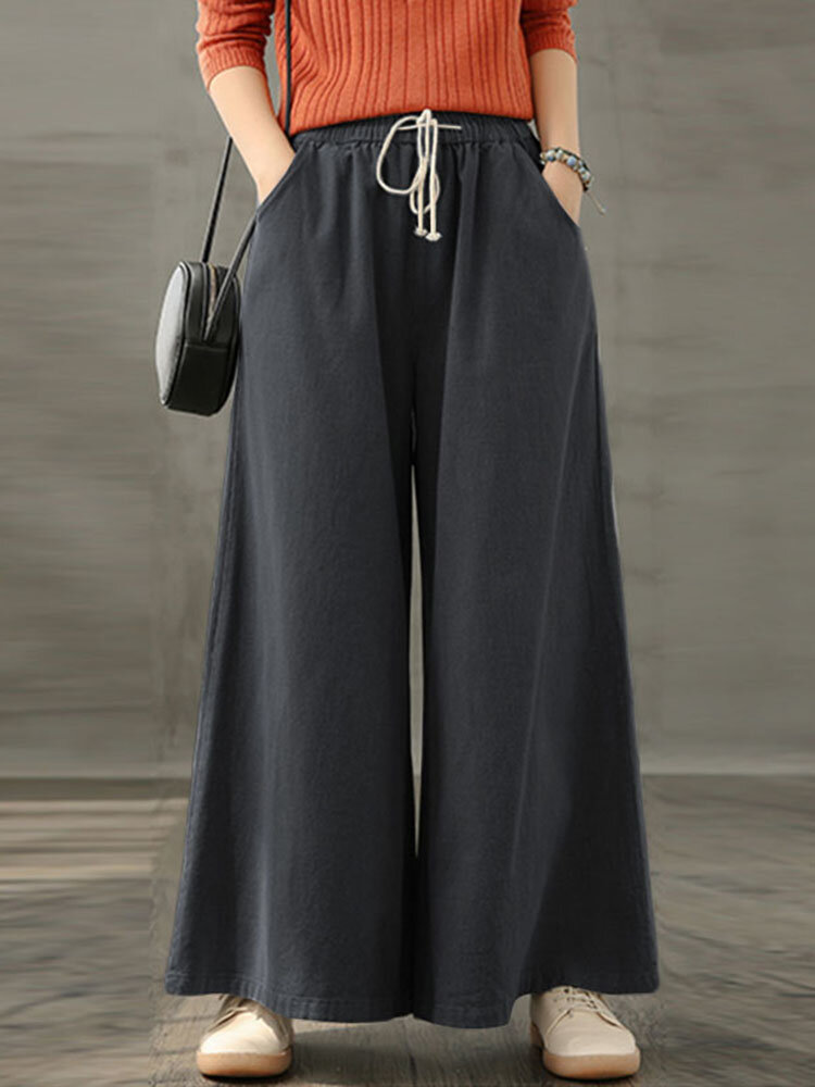 Women Vintage Drawstring Waist Loose Casual Wide Leg Pants With Pockets