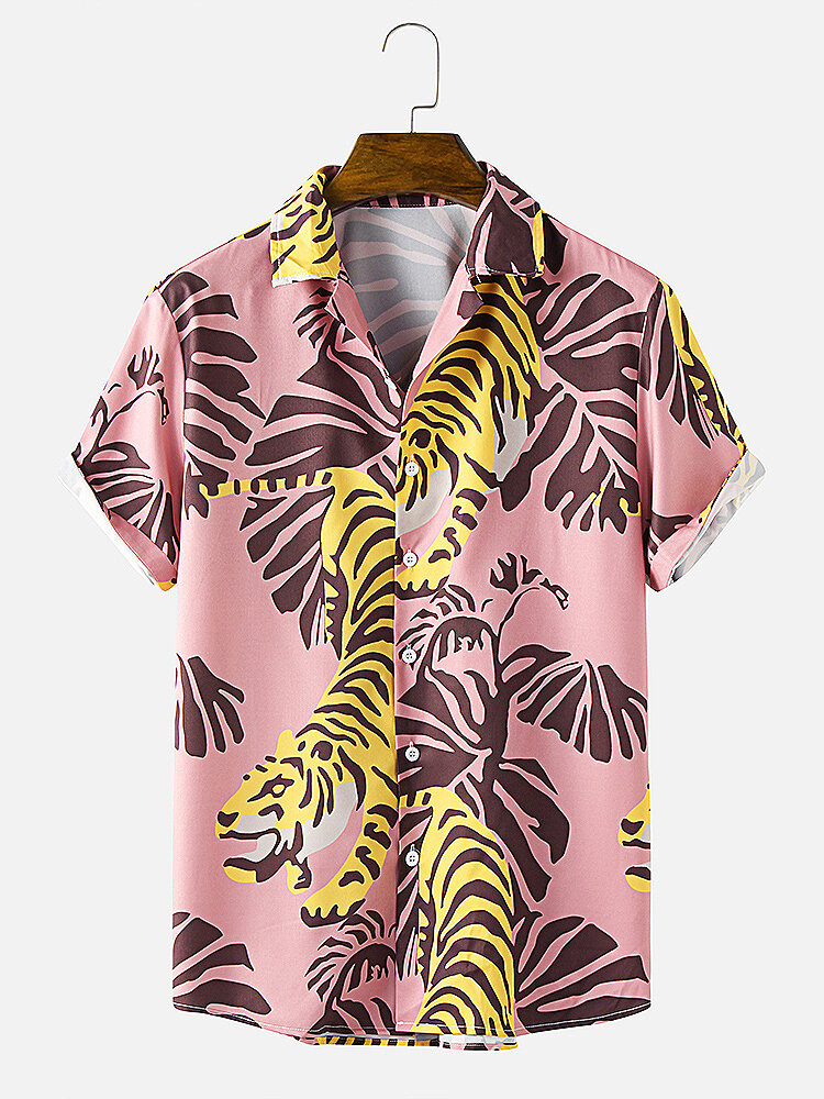 Heren overhemd met korte mouwen en tijgerprint Revere-kraag