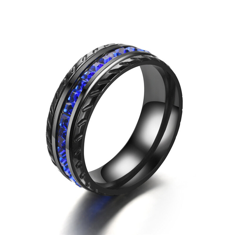 Trendy Simple Black Blue Cubic Rhinestone Circle-shaped Stainless Steel Rings