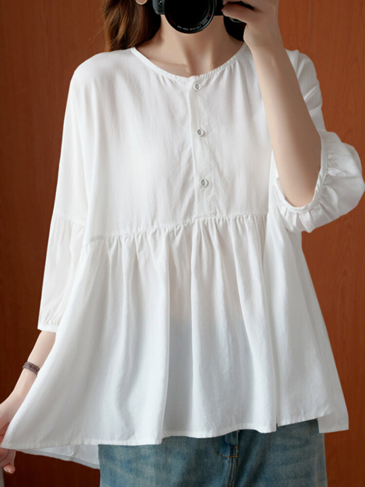 Solid Loose Button Ruched 3/4 Sleeve Round Neck Blouse