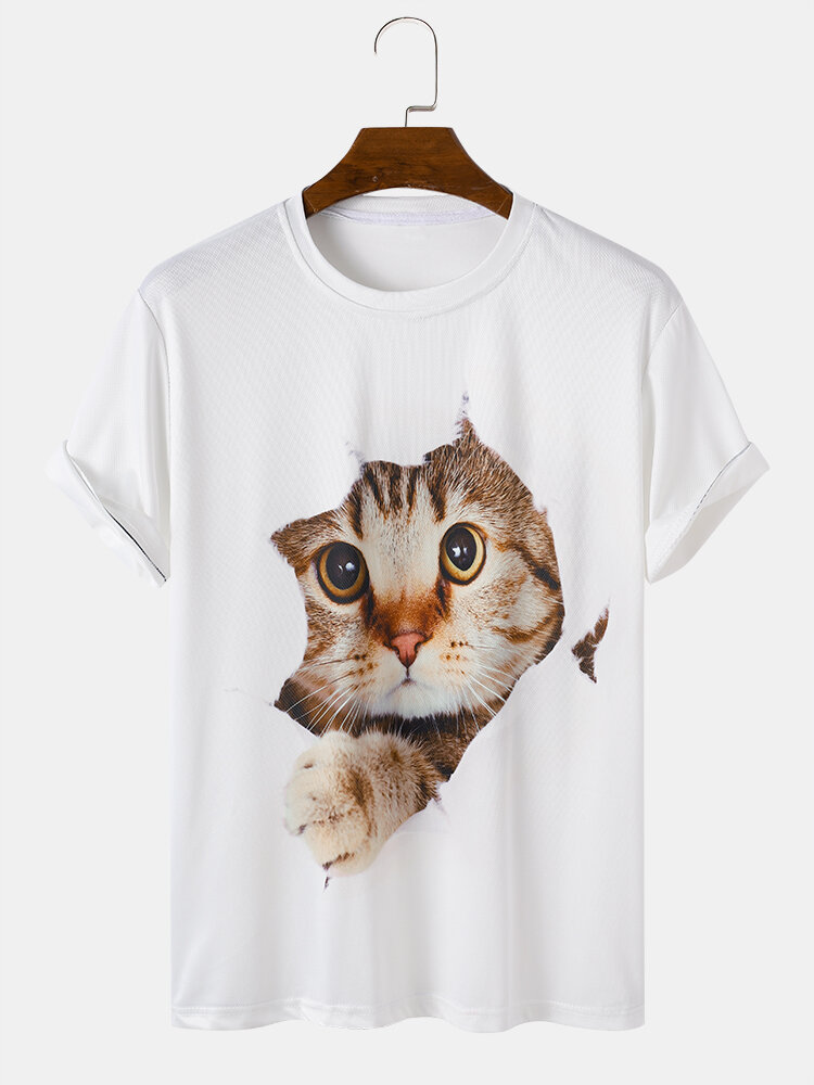 Heren 3D Cute Cat Print effen casual losse korte mouw T-shirt