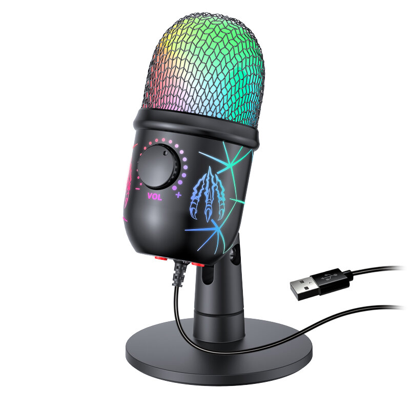 

V5 USB Condenser Microphone with Ear Return Funtion Stereo Surround Sound Noise Cancelling RGB Light USB Gaming Mic for