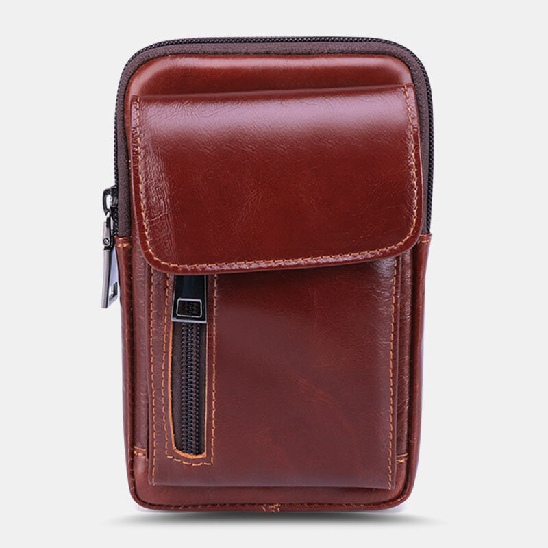 Mannen Flap-Over Front Zipper Pocket Belt Bag Sport Casual 6,3 inch telefoontas Echt lederen heuptas