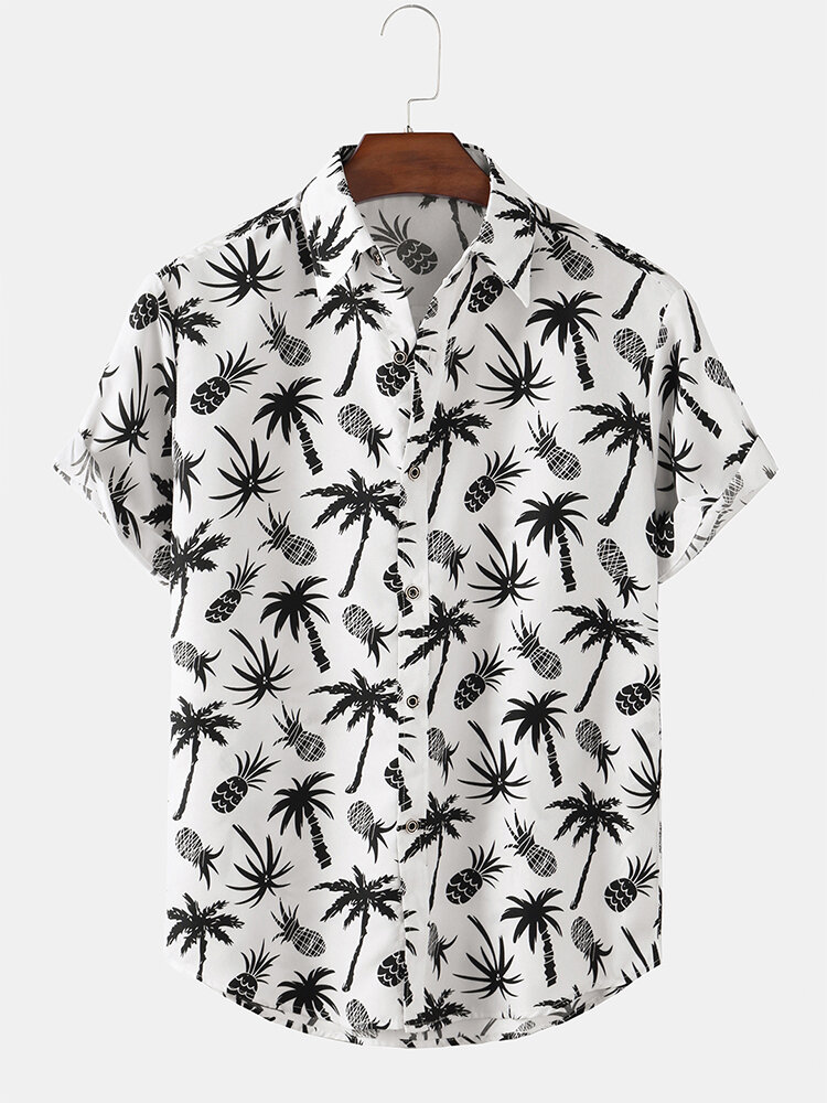 Heren abstracte tropische kokosnoot en ananas print vakantie shirts met korte mouwen