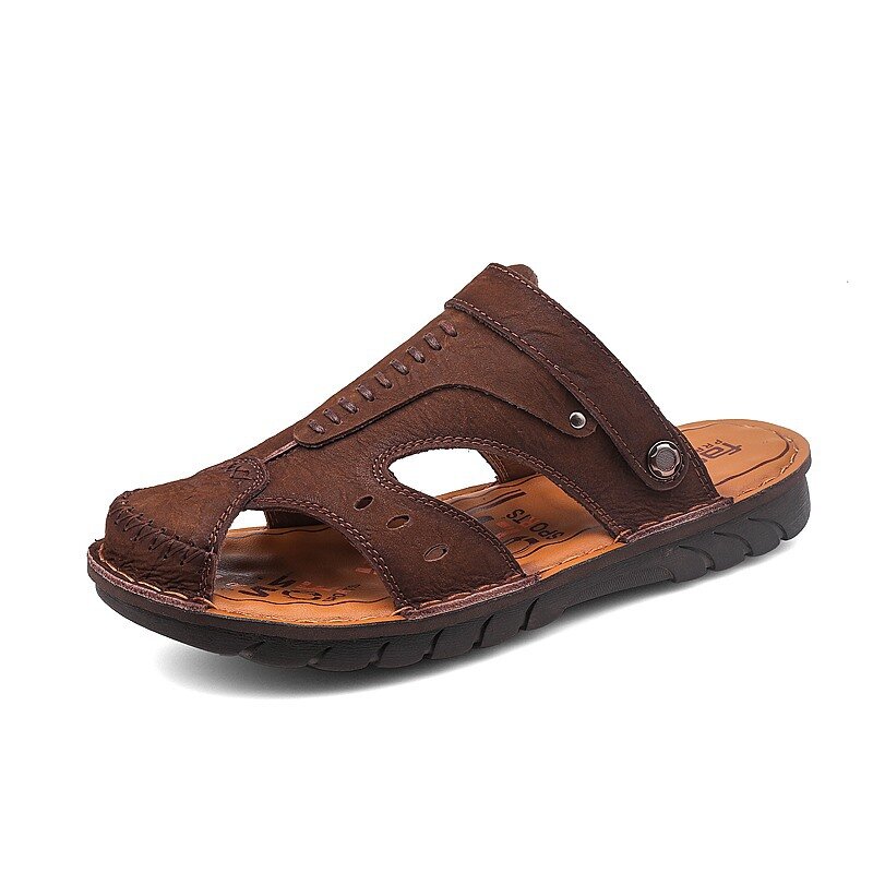 Men Closed Toe Cowhide Leather Slip On Outdoor Casual Slipper Sandals