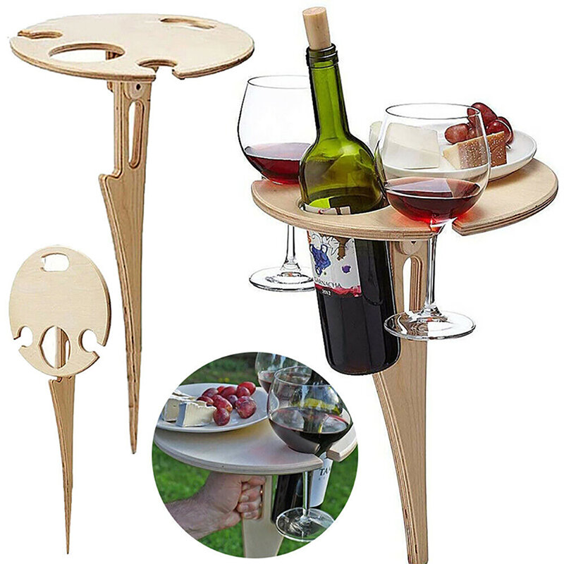 Wooden Outdoor Wine Table Portable Folding Camping Picnic Table With Glass Rack Wine Rack Table Trav