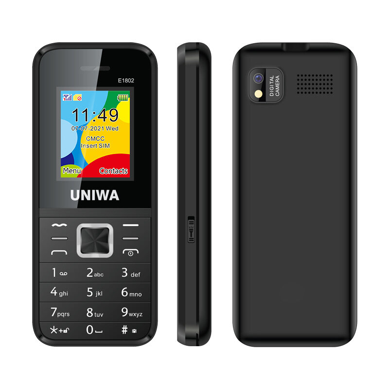 

UNIWA E1802 1800 мАч 1,77-дюймовый динамик FM Радио One Ключевые фонарики Камеры Две SIM-карты Телефон с двумя режимами