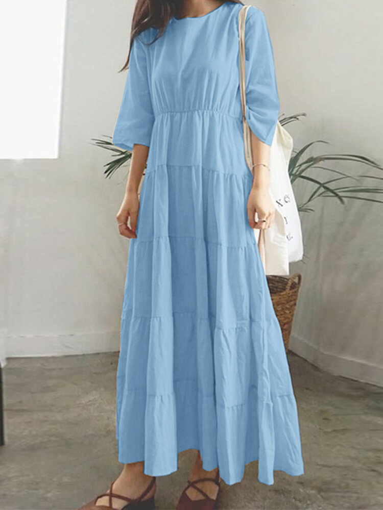 Women Plain O-Neck Stitching Layered Elastic Waist 3/4 Sleeve Maxi Dress