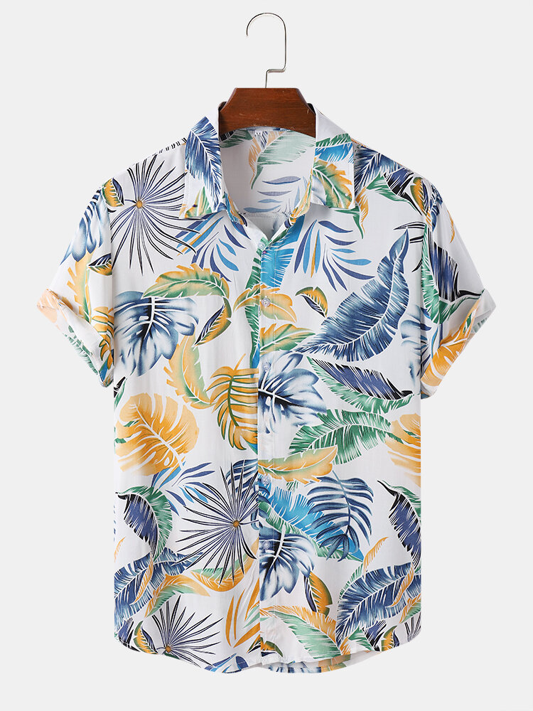 Heren tropisch blad meerkleurige knopen omhoog Hawaii-stijl vakantie casual shirts met korte mouwen