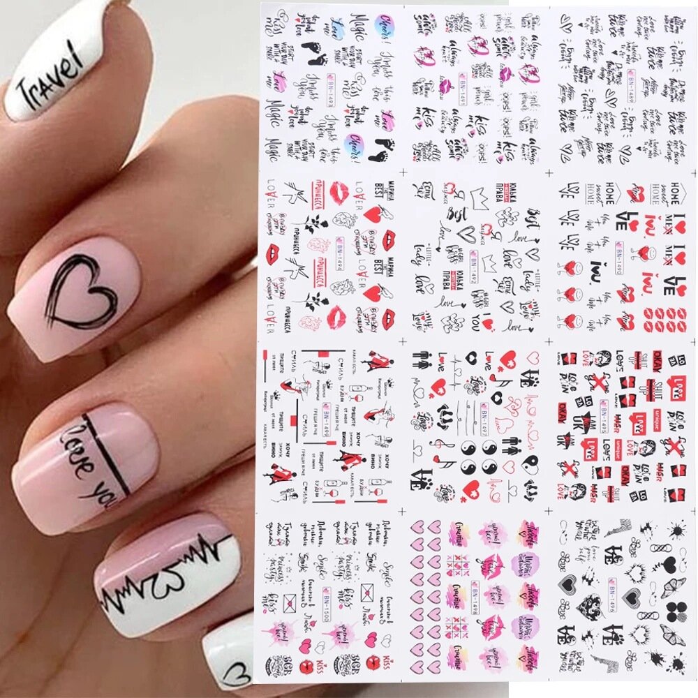 12 stuks Nail Art Stickers Liefdesbrief Bloem Sliders Nail Art Decoratie Valentijnsdag Transfer Stic