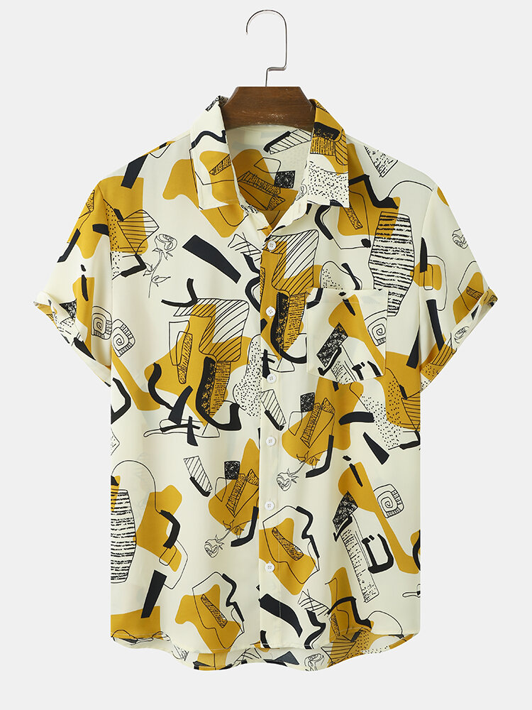 Mens Abstract Color Block Printed Vacation Short Sleeve Shirts