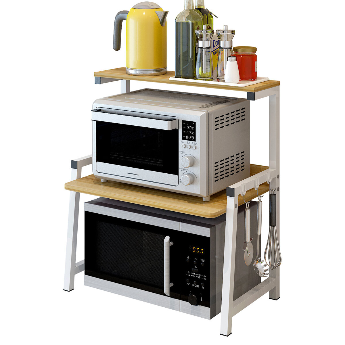 

2 Tiers Microwave Oven Rack Storage Shelf Stand Kitchen Storage Bracket Space Saving Kitchen Organizer with Hooks