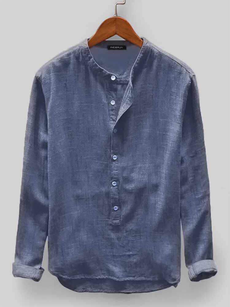Heren Vintage losse comfortabele effen kleurknopen Fly Casual Henley-shirts met lange mouwen