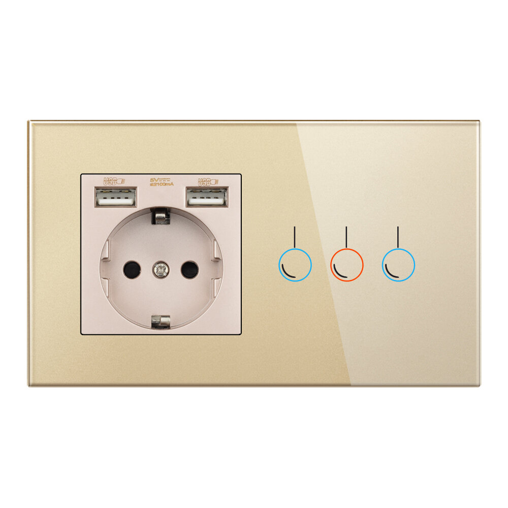 SRAN 146*86mm 220V 16A Touch Sensor Switch with Socket with USB Crystal Glass Panel Wall Socket with