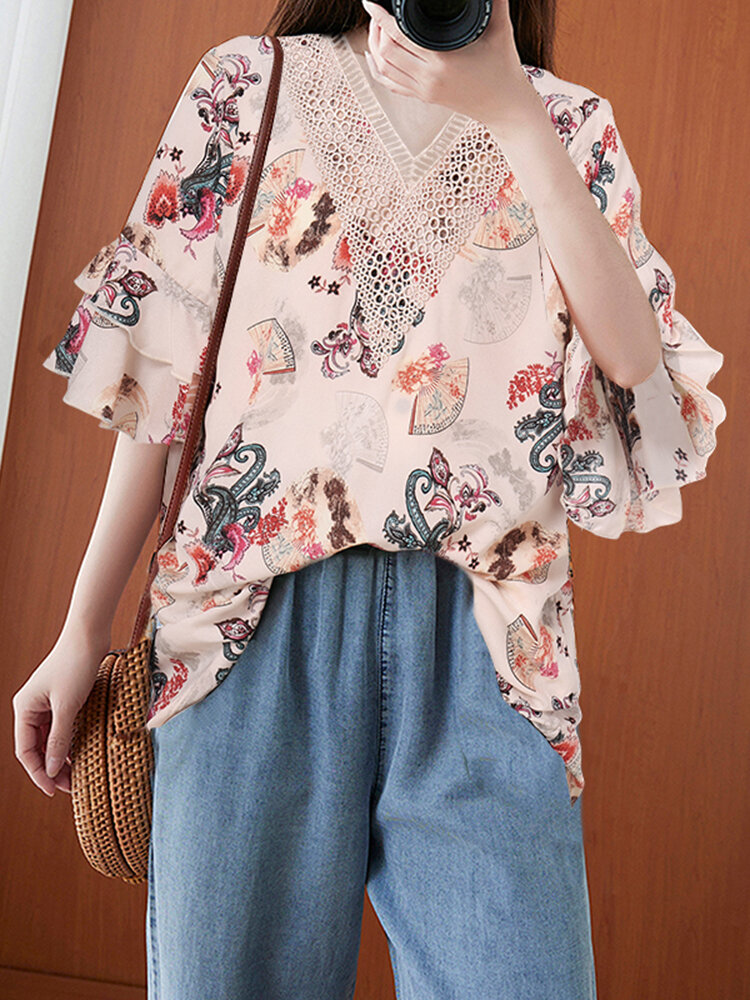 Women Spliced Plants And Flowers Half Sleeve Lace Casual Loose Fit Blouse