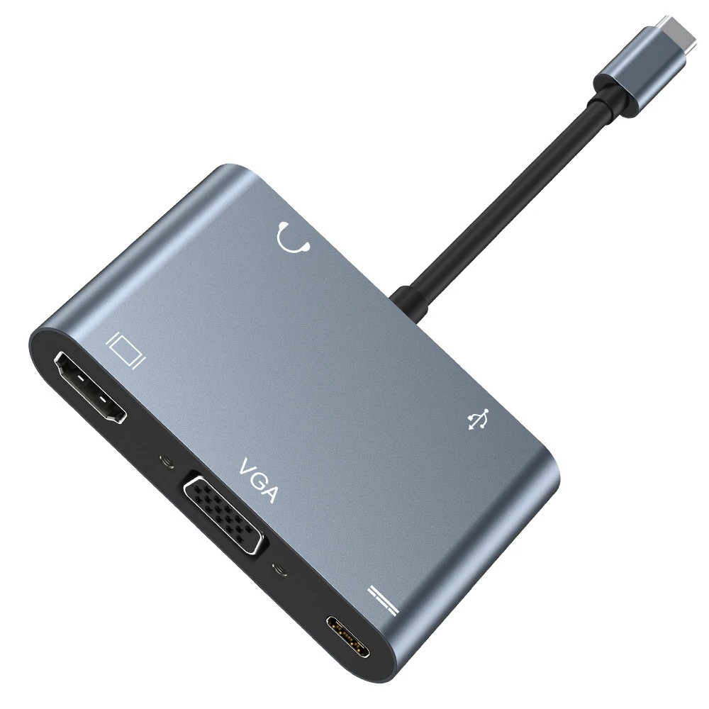 

5-in-1 Type-C Docking Station USB-C Hub Splitter Adaptor with USB3.0 USB-C PD 100W 4K HDMI-Compatible 1080P VGA 3.5mm Au