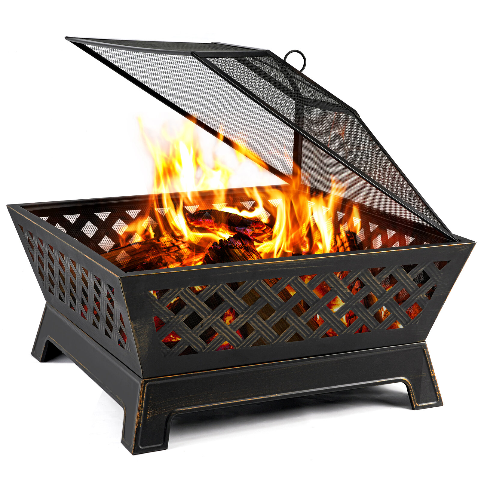 

34 Inch Fire Pits Large Wood Burning Deep Steel Firepitsm with Ash Plate Water Drainage Hole Spark Screen Poker