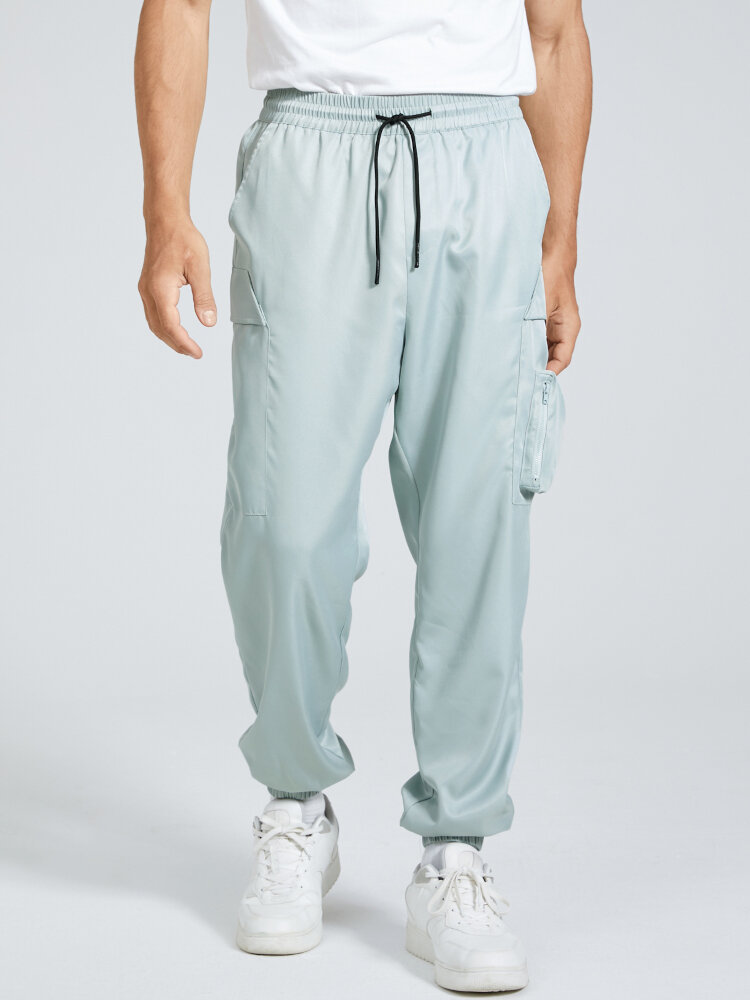 

Men Plain Multi-Pocket Drawstring Waist Ankle Length Cargo Pants