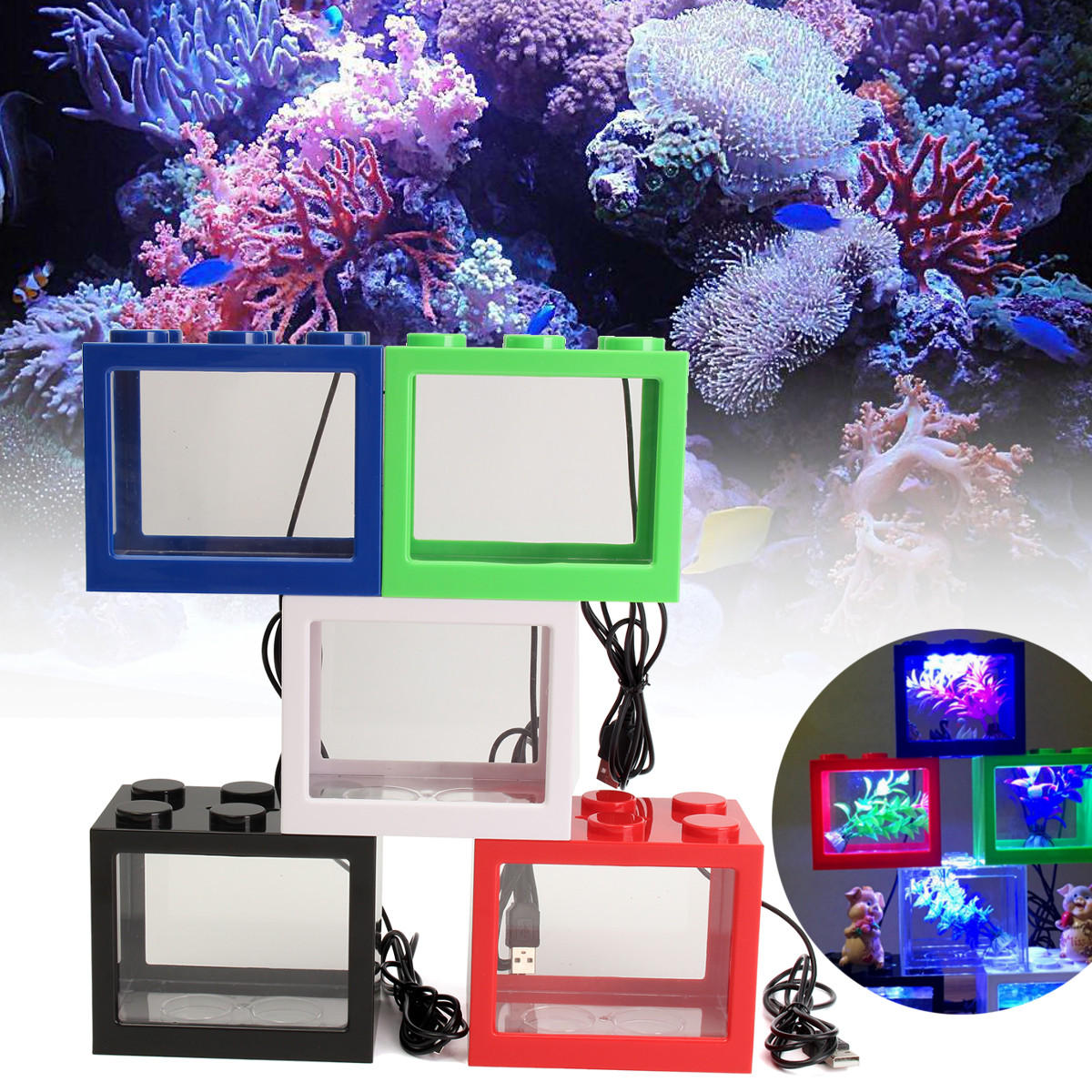 Mini Clear USB LED Goldfish Betta Fish Tank Ornament Aquarium Desktop Decoration