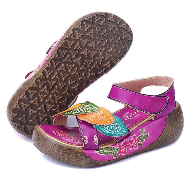 SOCOFY Mujer Summer Bohemia Piel Genuina Sandalias Zapatos hechos a mano con plataforma de cuña