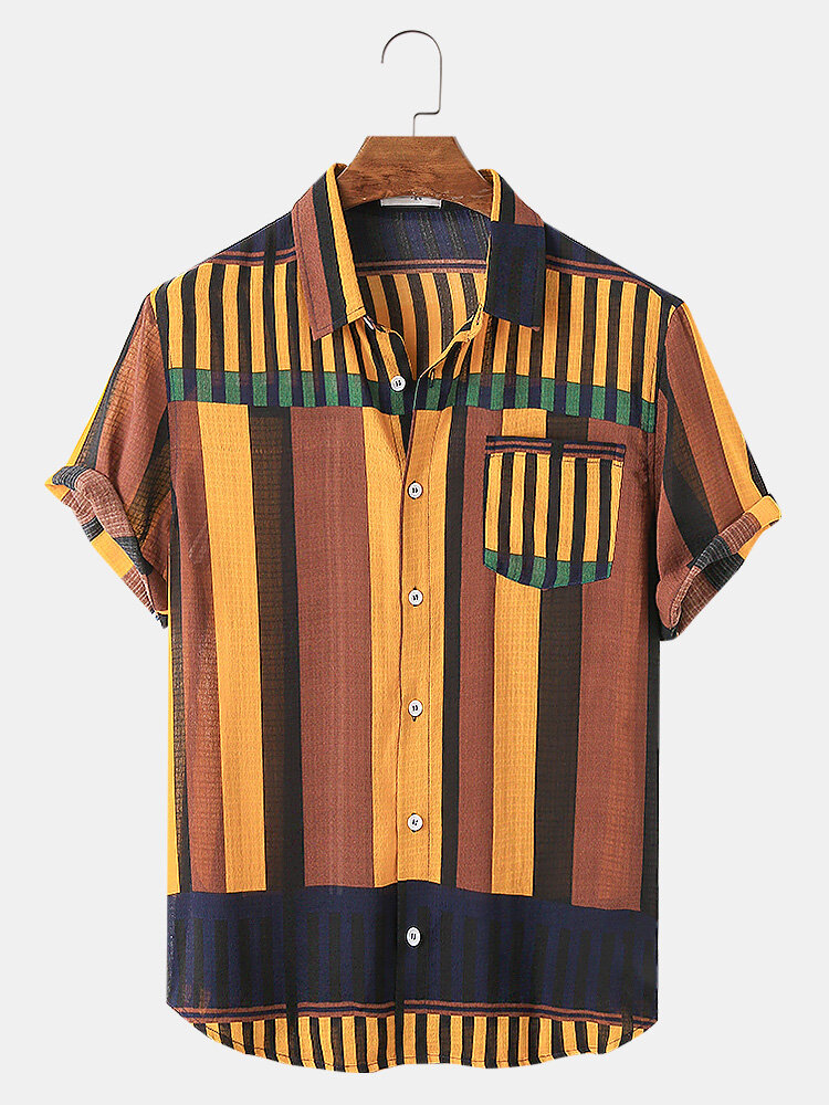 

Banggood Designed Mens Colorful Striped Breathable Pocket Short Sleeve Casual Shirts