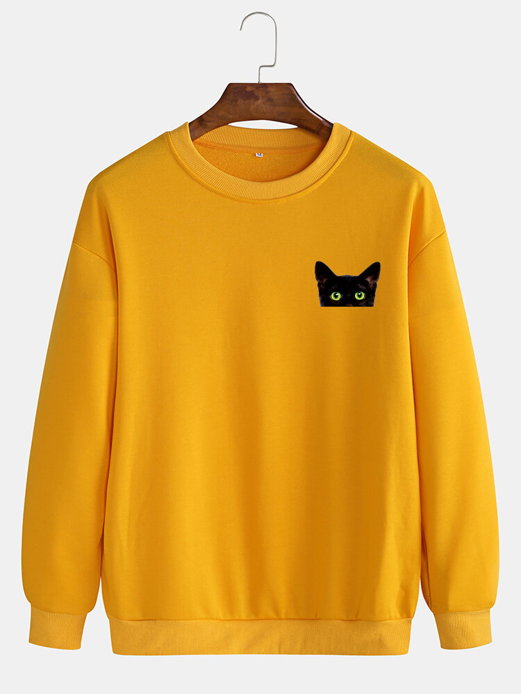 Eenvoudige cartoon kat print ronde hals katoenen trui lange mouw sweatshirts