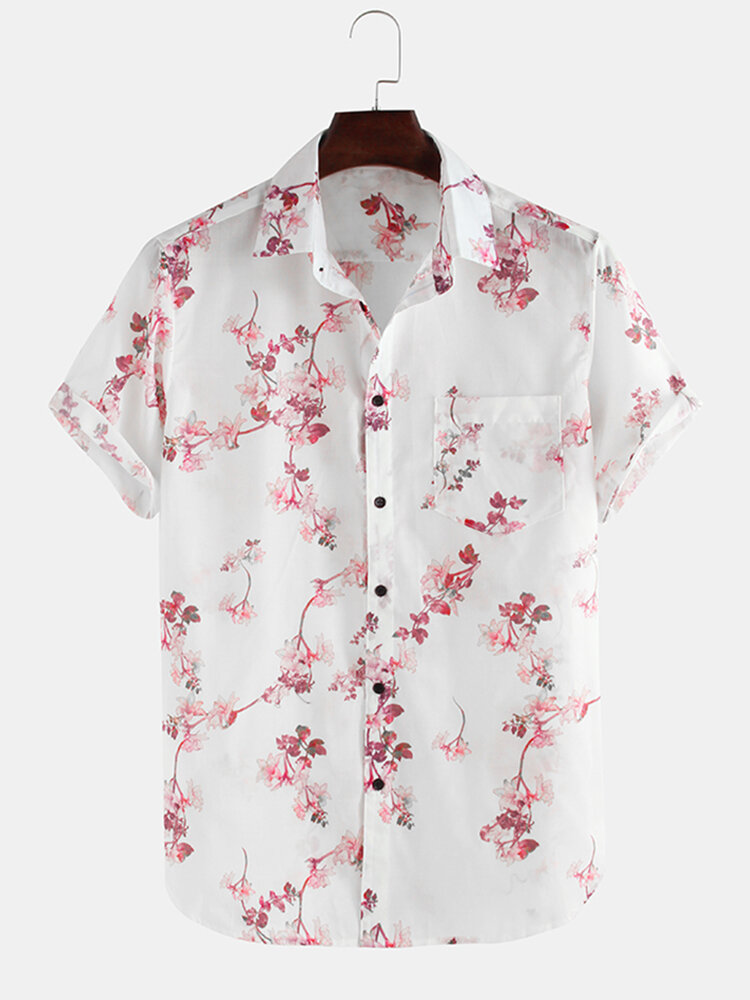 Mens Cherry Blossoms Floral Print Short Sleeve Casual Vacation Shirts