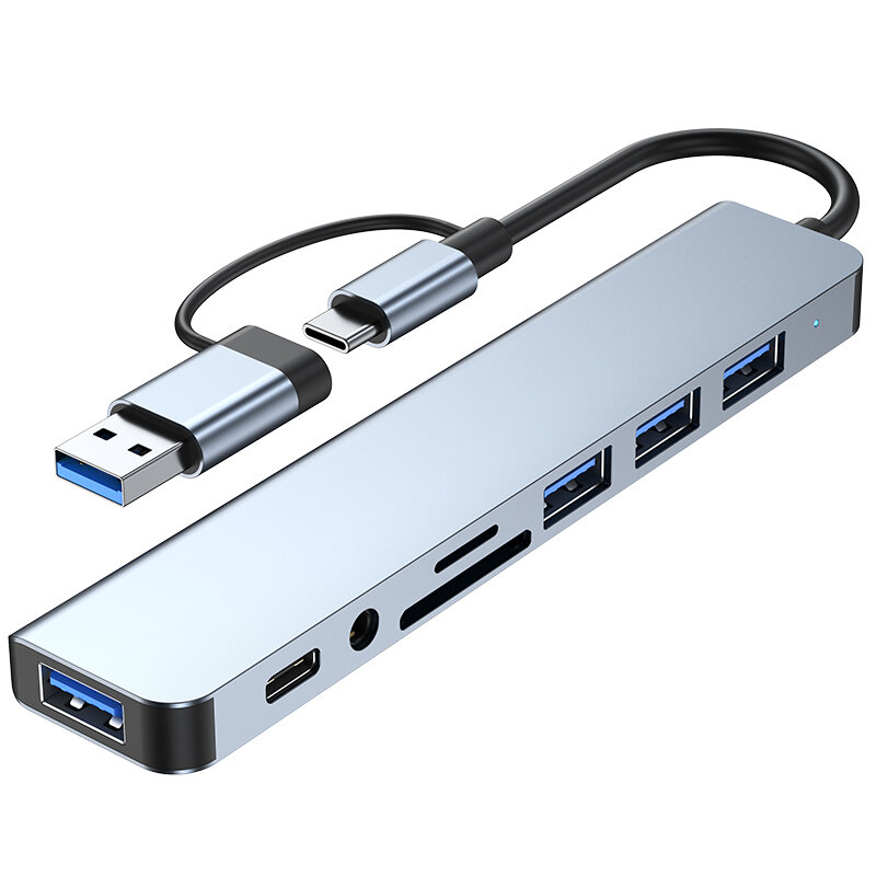 8 in 1 Type-C Docking Station USB-C Hub Splitter Adaptor with USB3.0*2 USB2.0*2 USB-C Data*1 SD/TF Card Reader Slot 3.5m