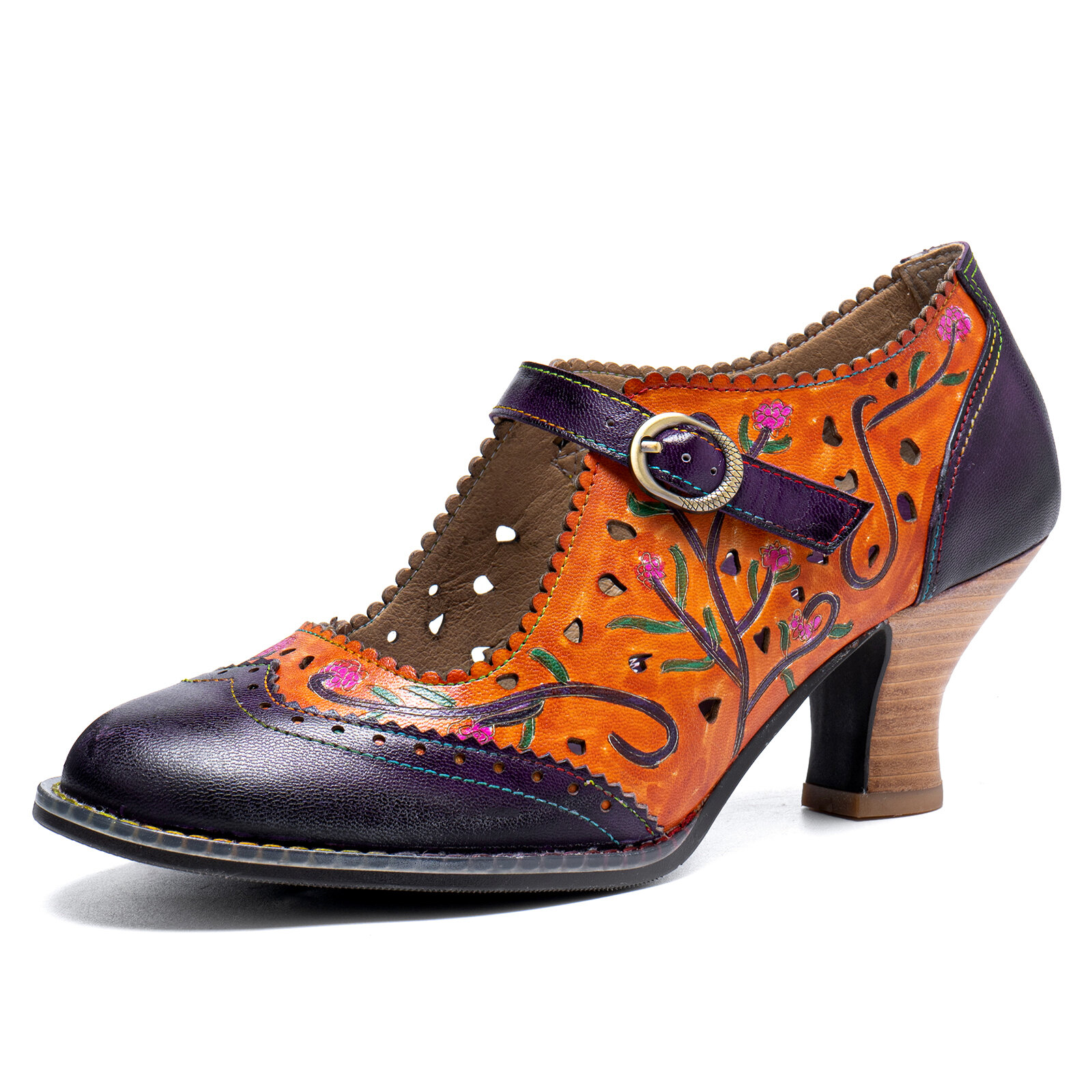 

Sокофи Натуральная Кожа Ретро Мода Цветочные цветные блоки Удобные дышащие полые туфли Мэри Джейн на каблуке