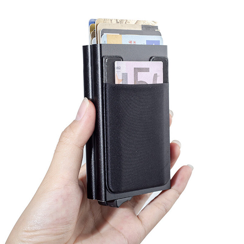 Suporte de cartão de crédito RFID em alumínio com múltiplos bolsos para homens, carteira minimalista e estojo para cartões bancários.
