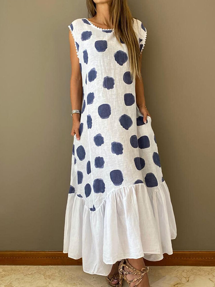 Sleeveless Splicing Polka Dot Summer Holiday Casual Dress For Women