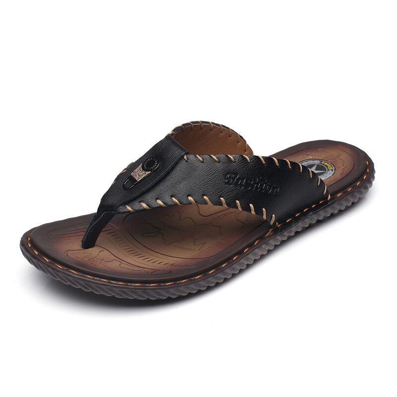 Men's Leather Flip-Flops Flat Slippers Outdoor Casual Beach Sandals